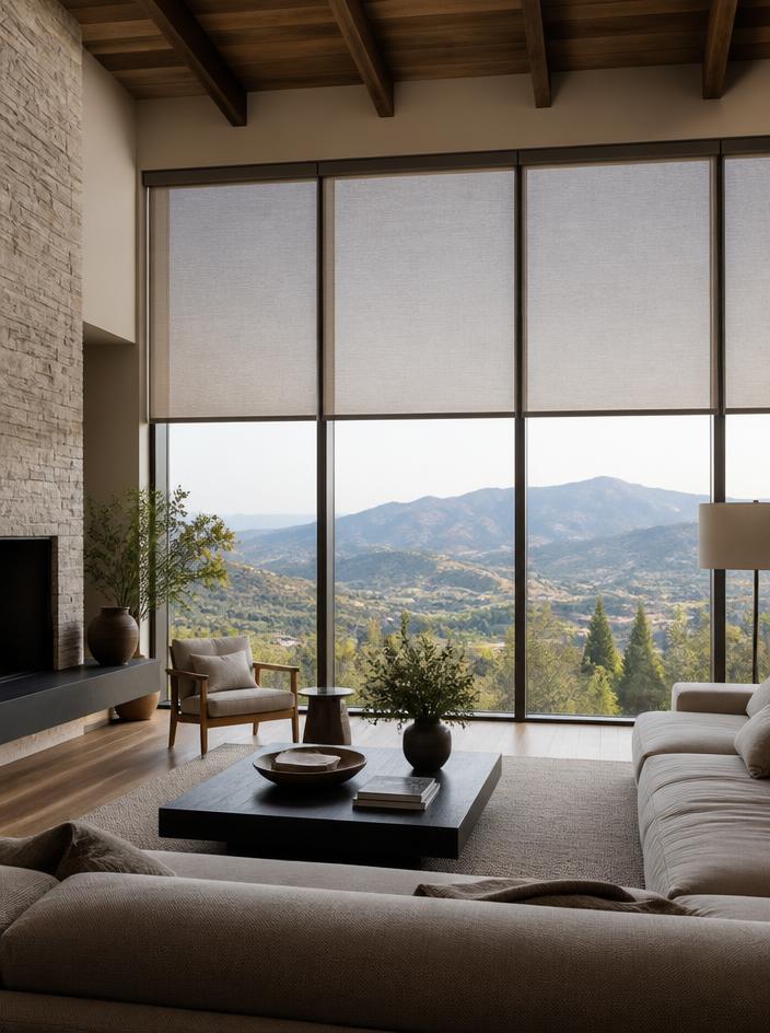 Interior living room with solar shades over floor-to-ceiling windows