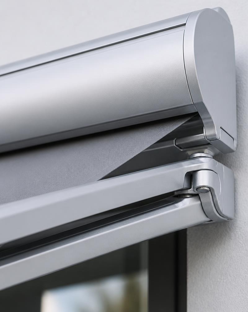 Detail of a retractable awning arm and cassette housing