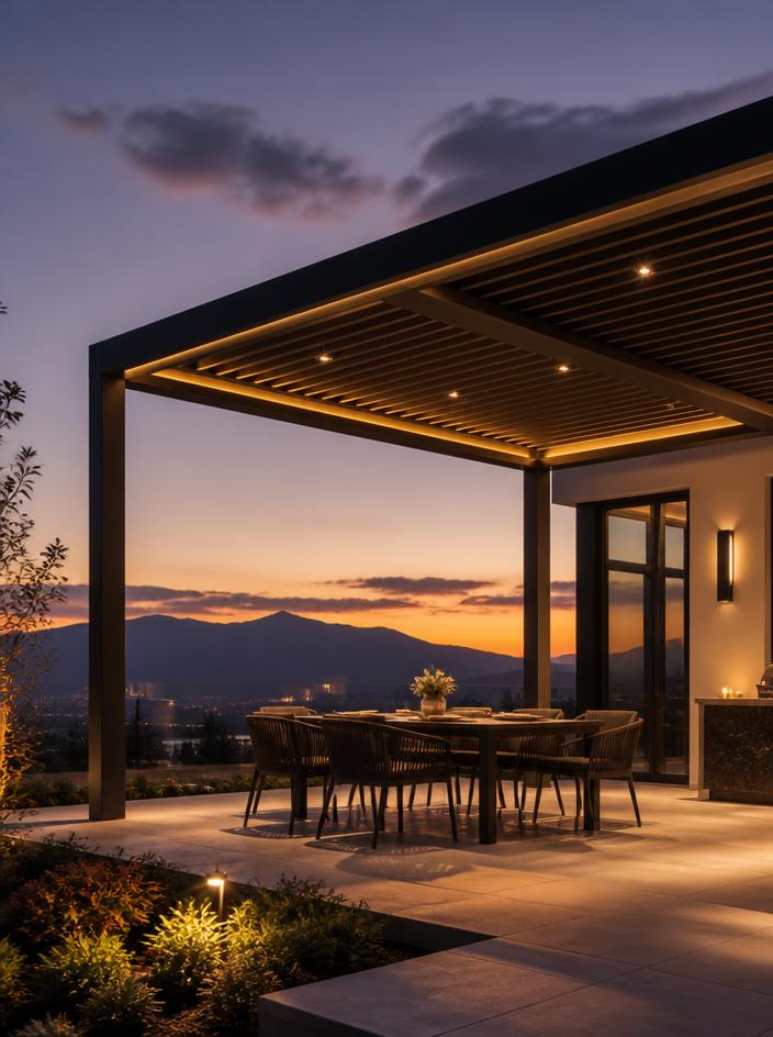 Modern patio shade structure with integrated lighting at dusk