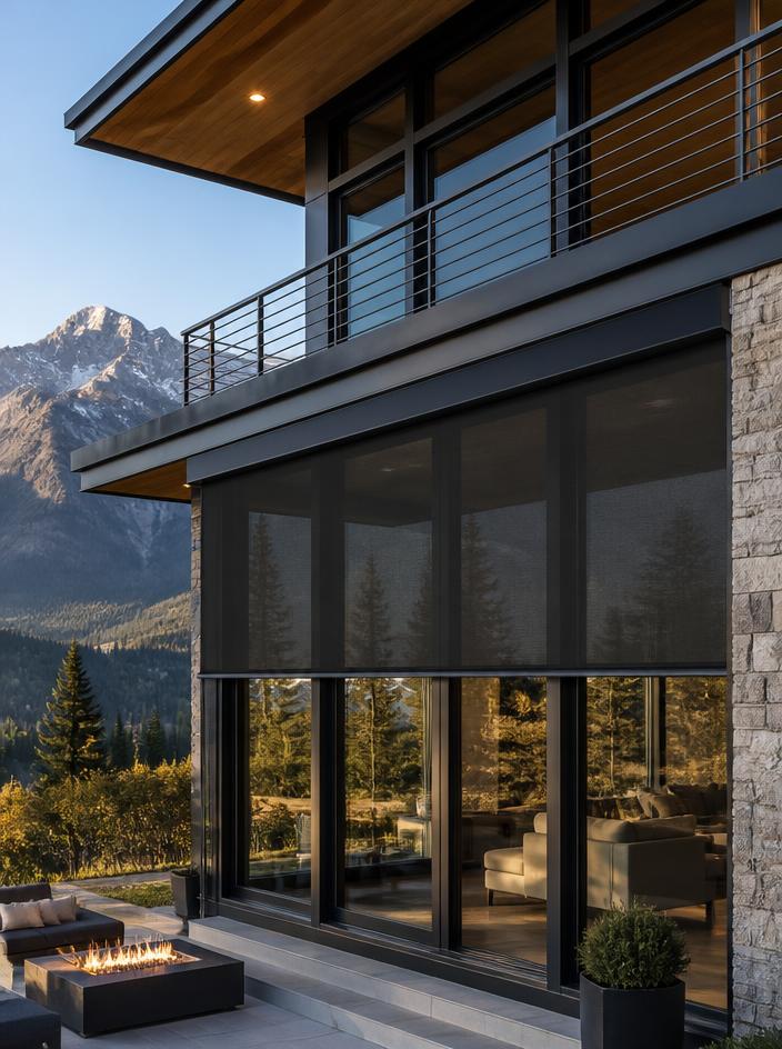 Motorized zipper shade lowered across a modern glass patio wall